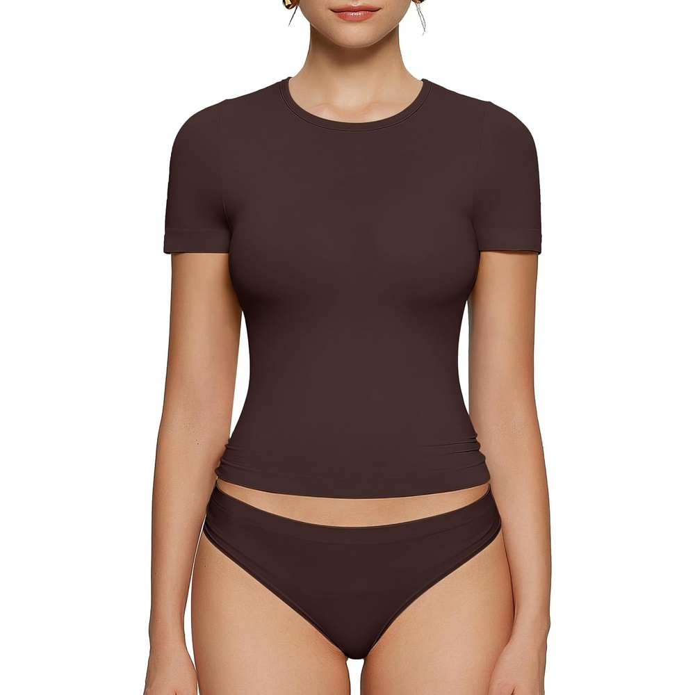 image:imageOEAK Womens TShirts Short Sleeve Shirts Crew Neck Basic Tees Soft Smoothing Seamless Tshirts Slim Fit Going Out Trendy TopsBrown