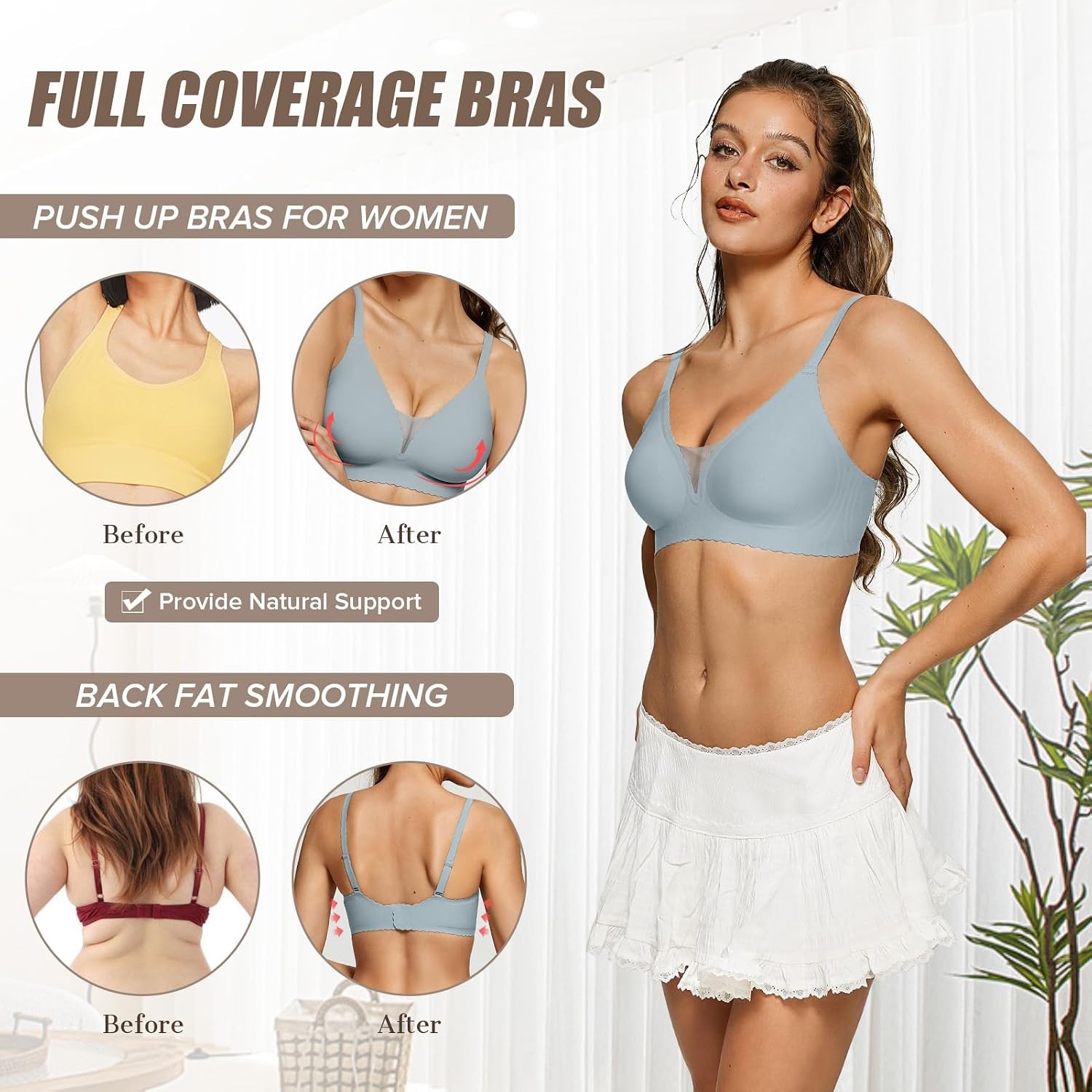 image:imageOEAK Womens Comfortable Bras Wireless Push Up Bralettes Scalloped Mesh Bra Seamless Tshirt Bras Deep V Everyday Bra Green L