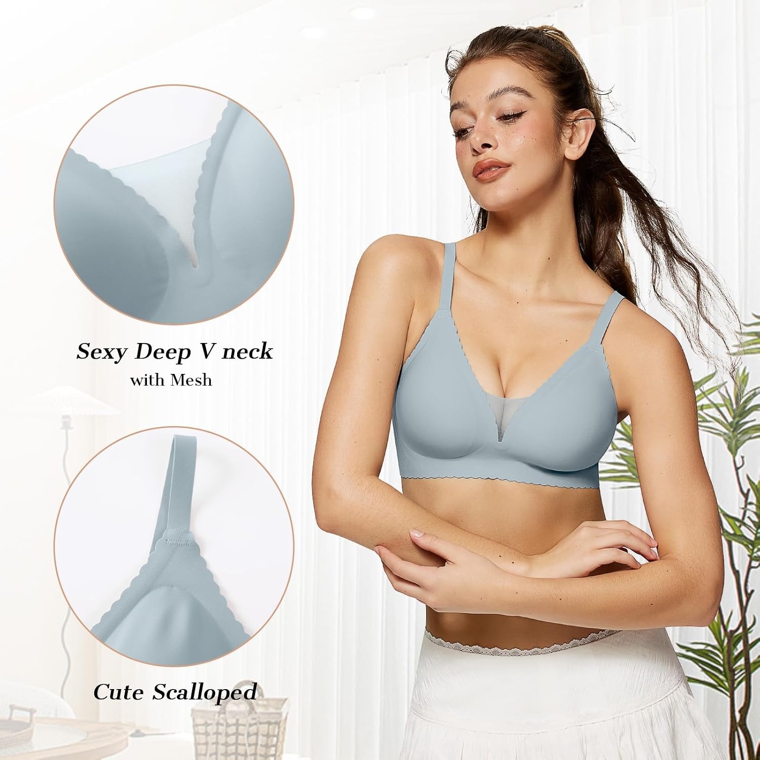 image:imageOEAK Womens Comfortable Bras Wireless Push Up Bralettes Scalloped Mesh Bra Seamless Tshirt Bras Deep V Everyday Bra Green L