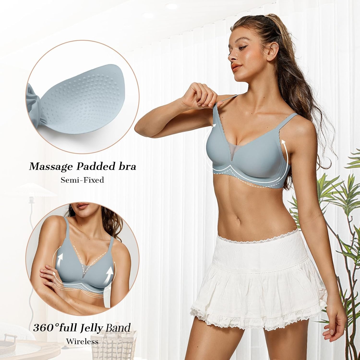 image:imageOEAK Womens Comfortable Bras Wireless Push Up Bralettes Scalloped Mesh Bra Seamless Tshirt Bras Deep V Everyday Bra Green L