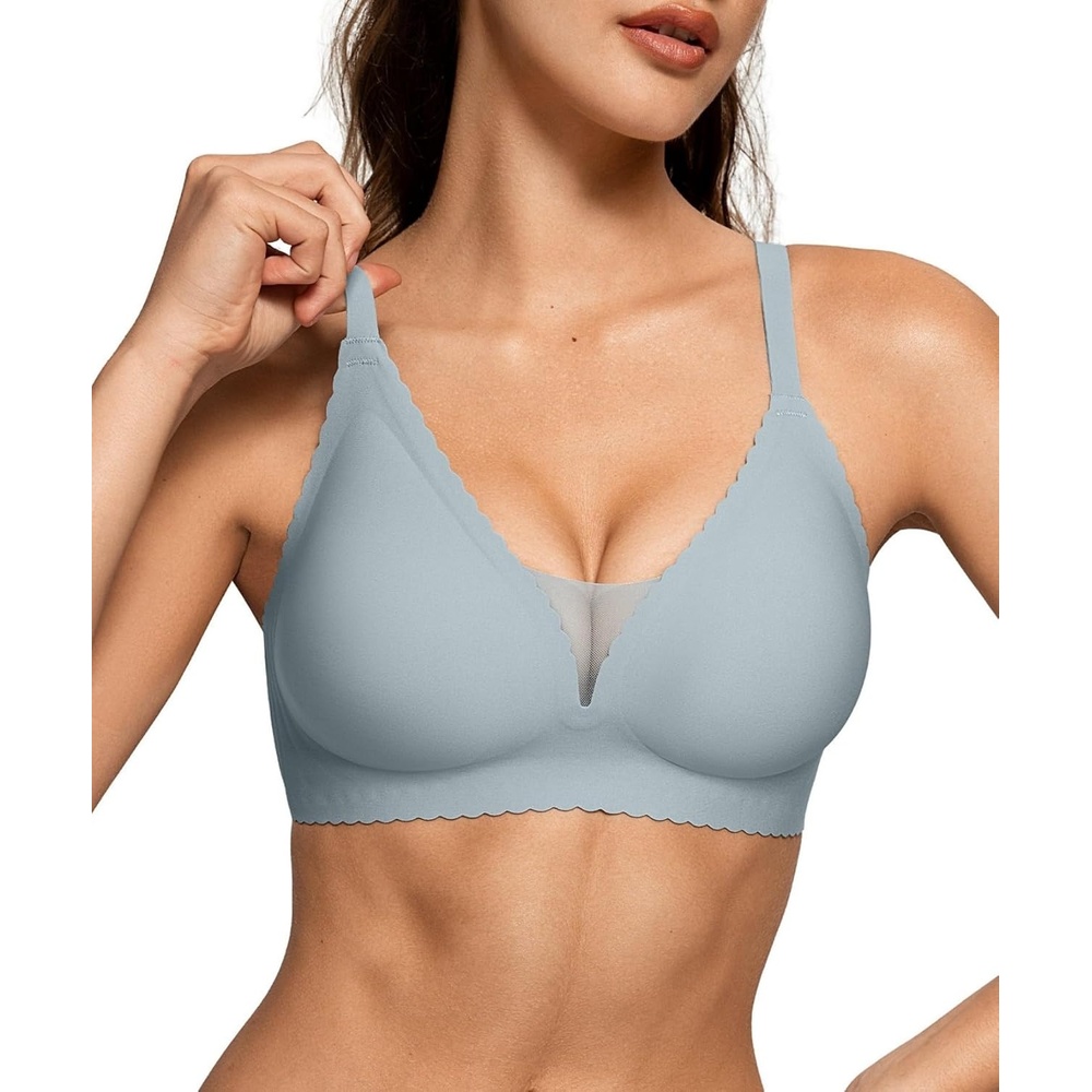 image:imageOEAK Womens Comfortable Bras Wireless Push Up Bralettes Scalloped Mesh Bra Seamless Tshirt Bras Deep V Everyday Bra Green L